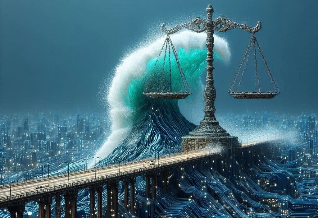 surreal image of a tsunami rushing towards a highway bridge made of electronic circuits and a statue of the scale of justice, about to crash