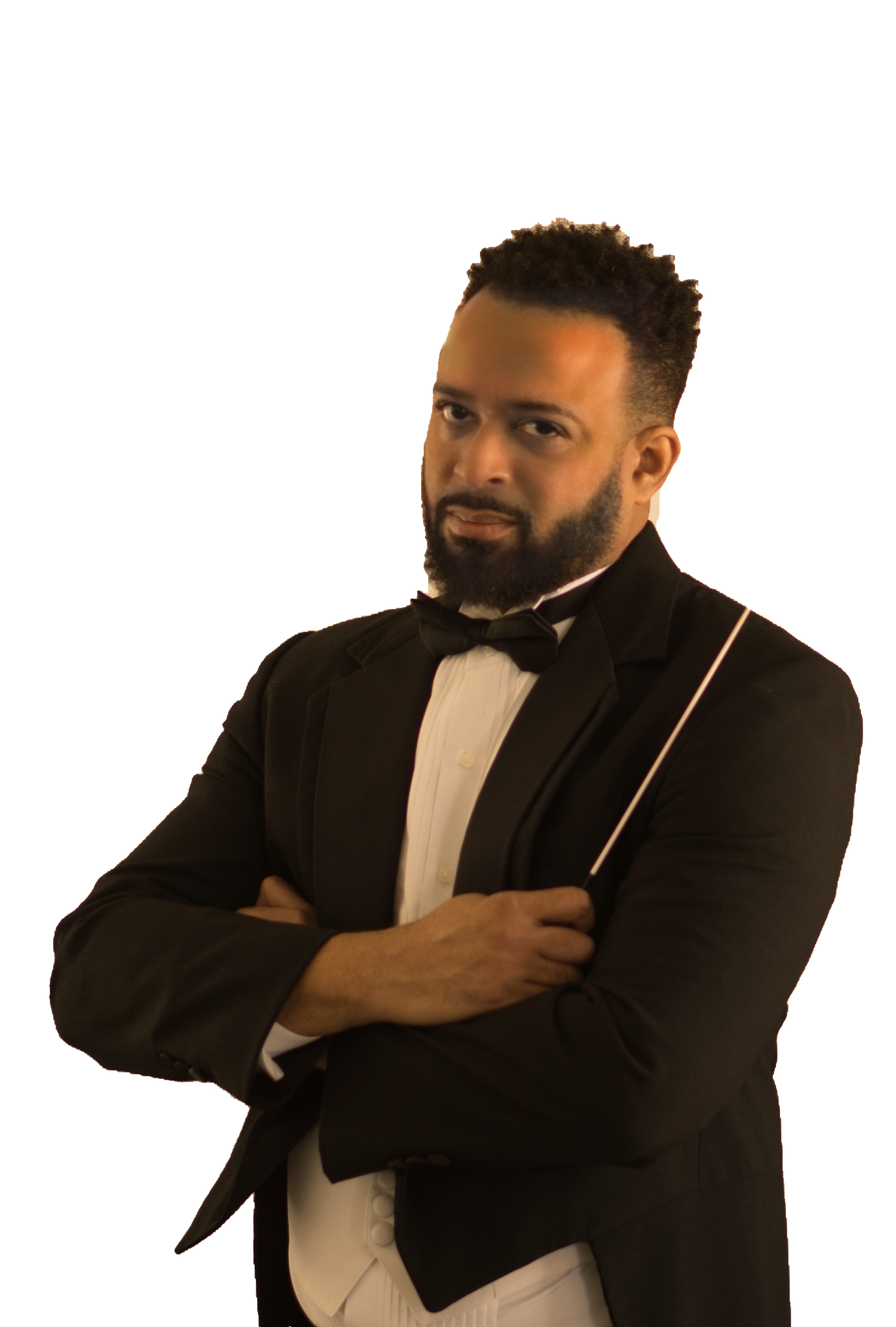 Image of Jorim Reid in a Tuxedo holding his baton with arms crossed