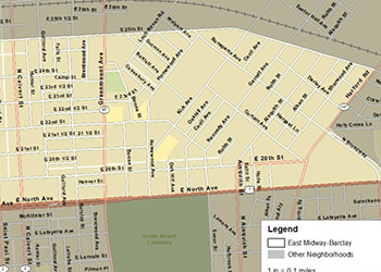 Street Map of the East Midway-Barclay Neighborhood: Baltimore, MD