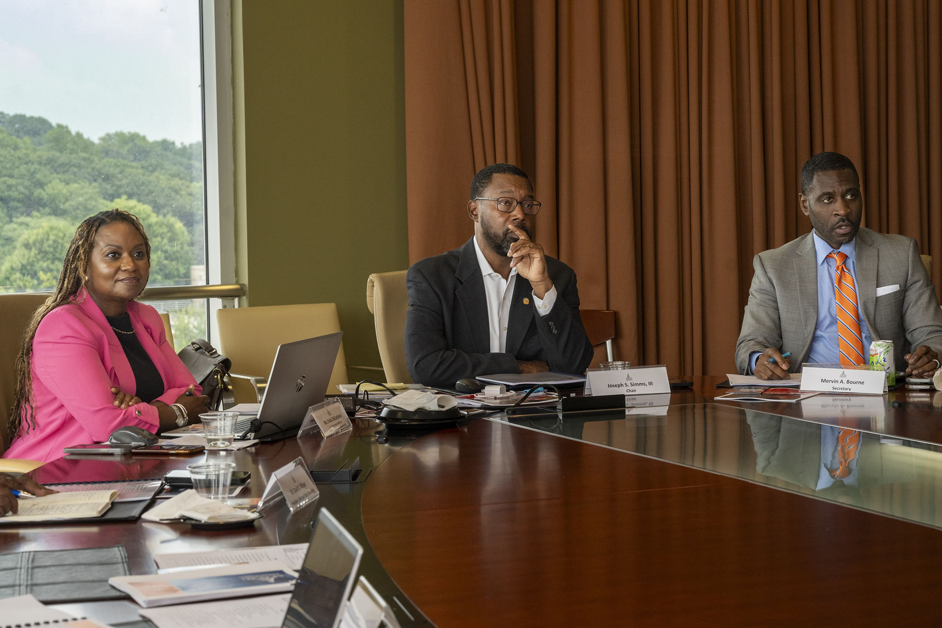 MSUF Executive Director Endia M. DeCordova (left), MSUF Chair Joseph S. Simms III (center) and MSUF Secretary Mervin A. Bourne Jr., at a recent quarterly convening of the Morgan State University Foundation Board