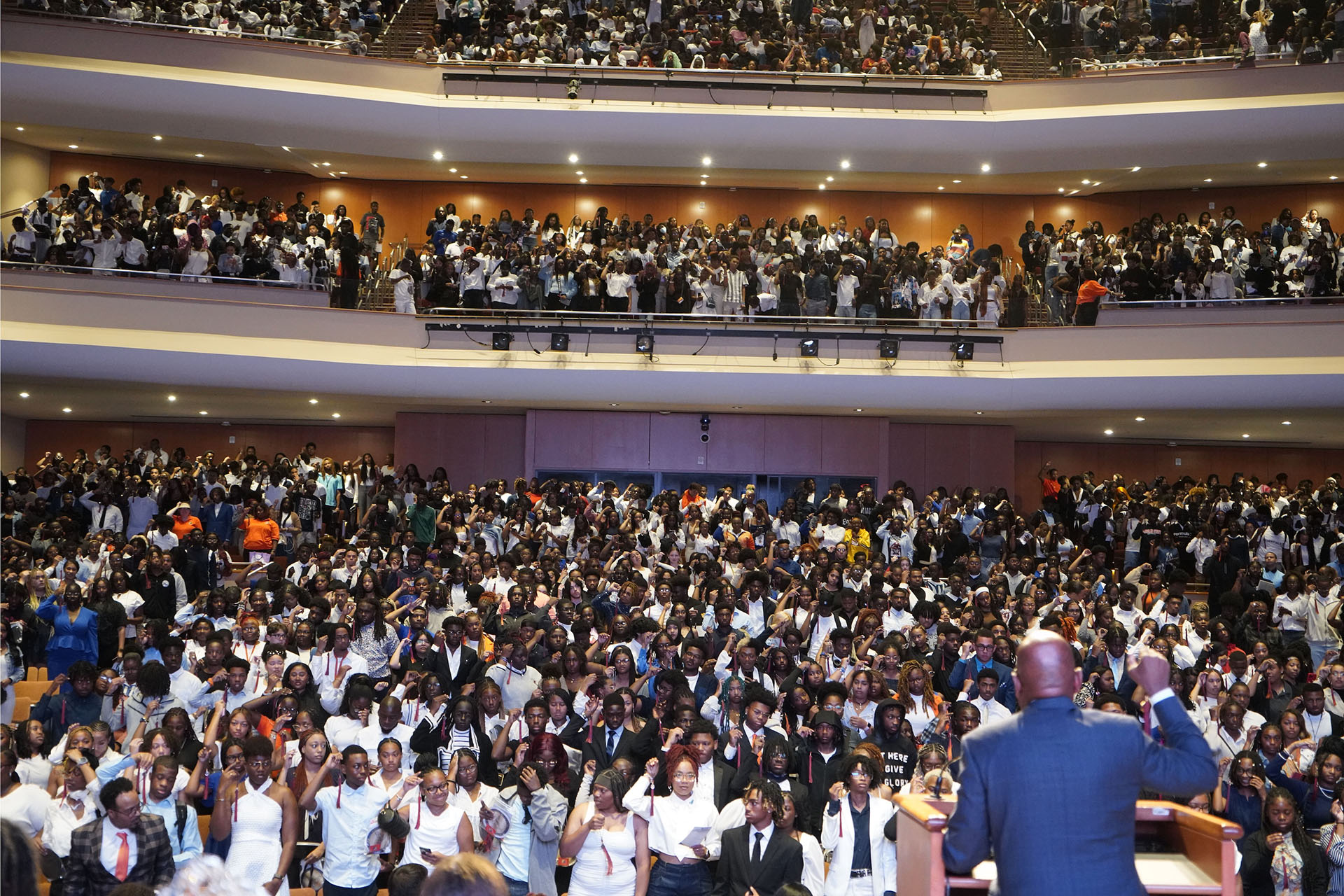 President Wilson speaking to student body